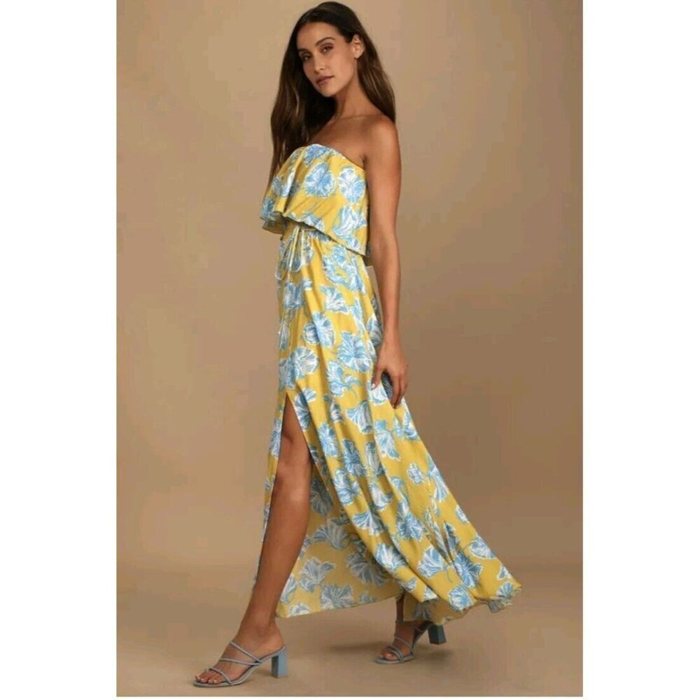 Lulus L Love Boldly Yellow Floral Print Strapless Maxi Dress High Slit Tropical - Picture 6 of 15